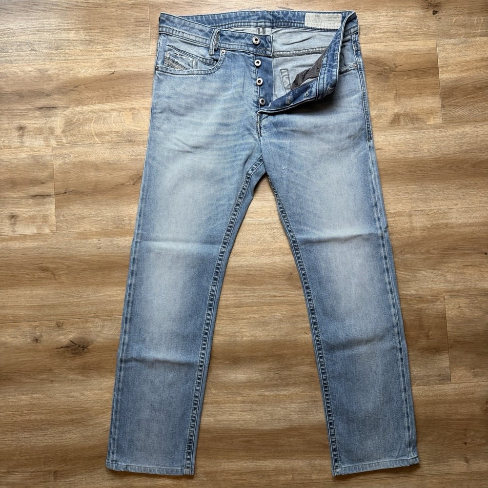 Diesel Akee Jeans Men 31x28 Blue Slim Tapered Stretch Light Wash Italy (Hemmed)